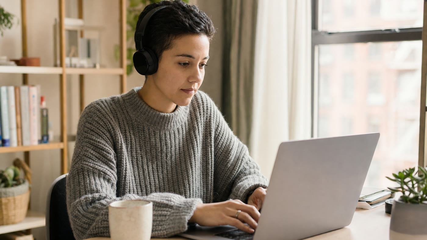 A person wearing headphones and typing on a laptop for customer support work at home.