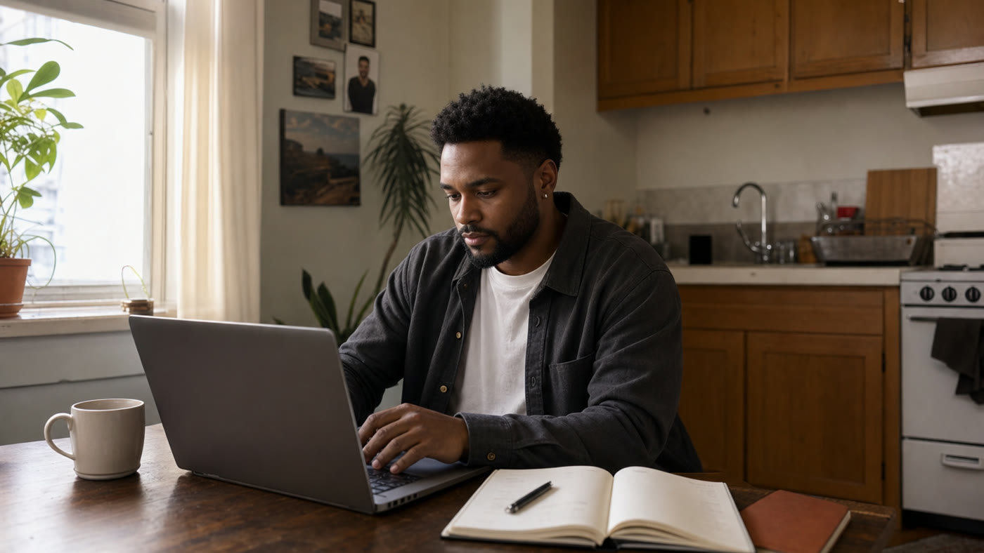 A man at a kitchen table using a laptop to search for entry-level remote jobs.