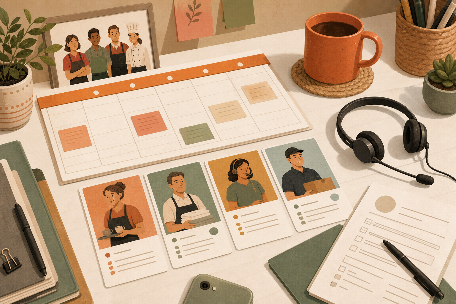 An illustrated desk with a weekly calendar, job cards, headset, and checklist for part-time work-from-home roles.