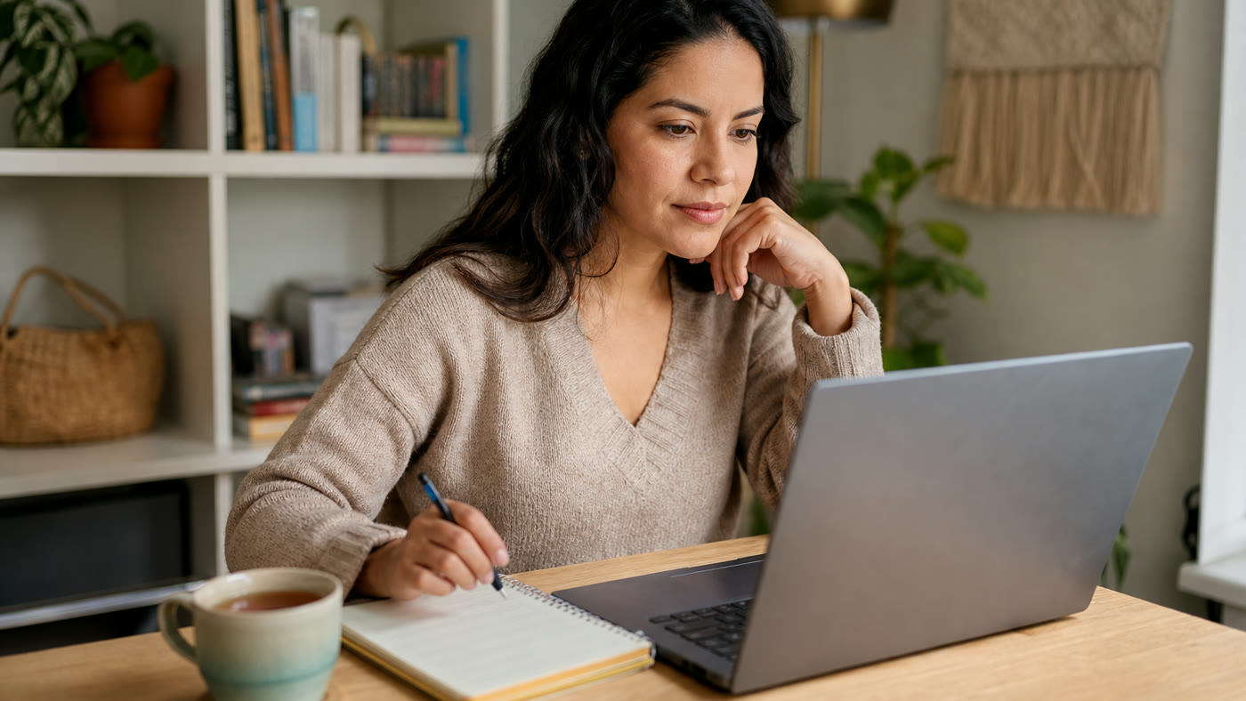 A woman at a small home desk thoughtfully reviewing a remote job listing on a laptop.