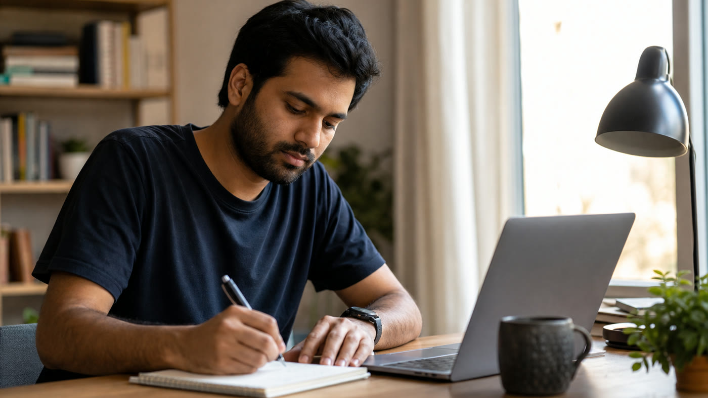 A person at a home desk reviewing search results and notes on a laptop.