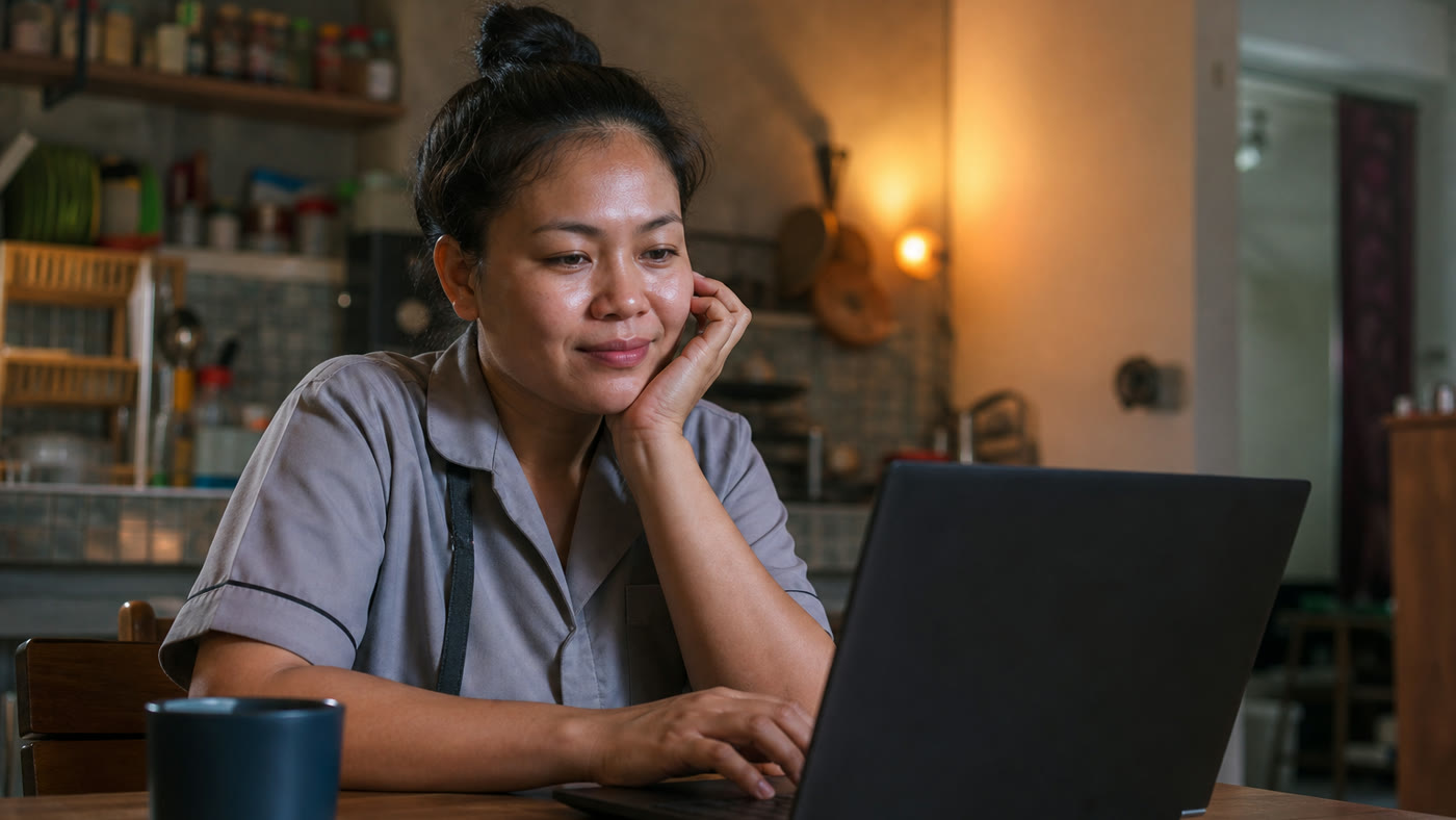 A hospitality worker sitting at a kitchen table after a shift and looking at remote job options on a laptop.
