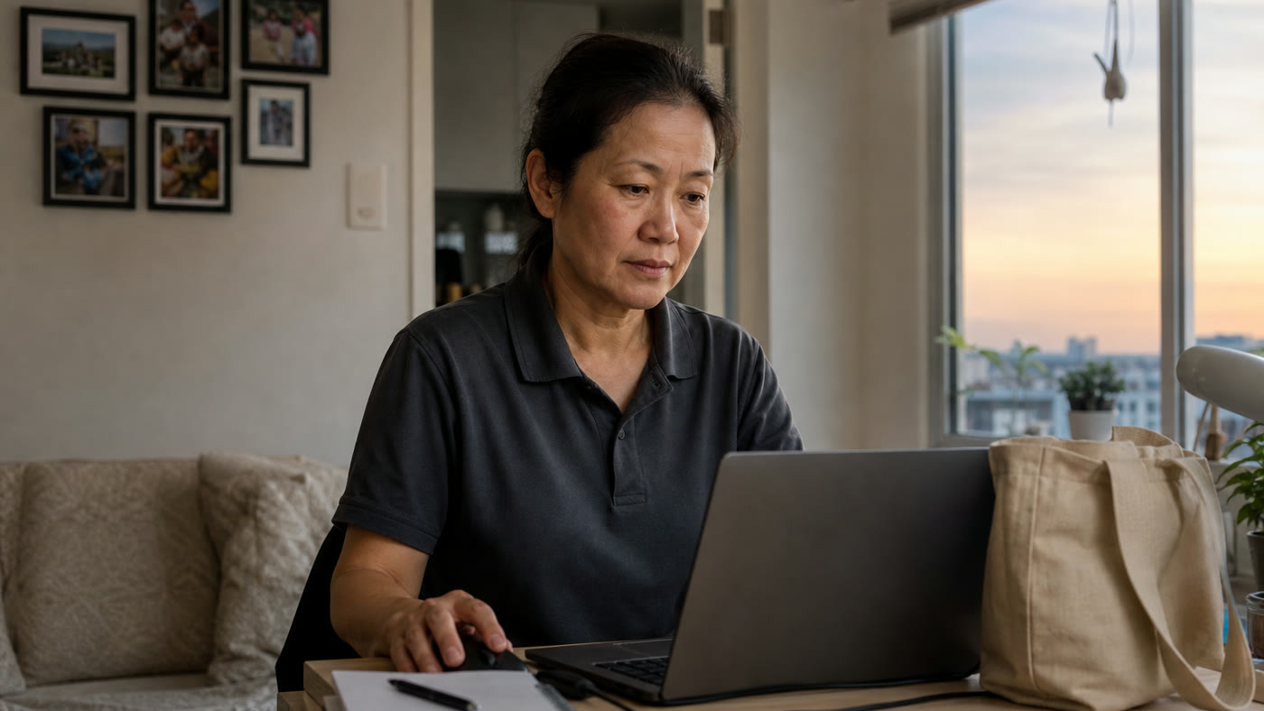 An older retail worker at a small home desk looking for approachable remote work on a laptop.