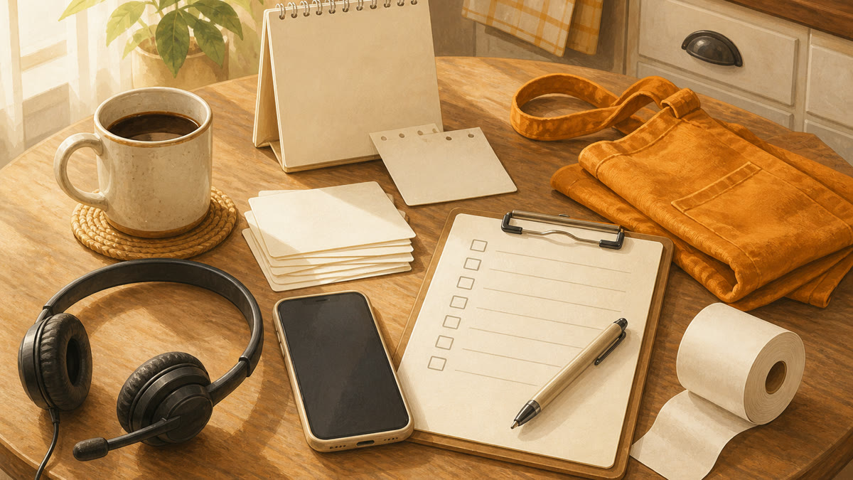 An illustrated kitchen table with a headset, blank checklist, phone, coffee mug, folded apron, and receipt roll for no-degree work-from-home job searching.