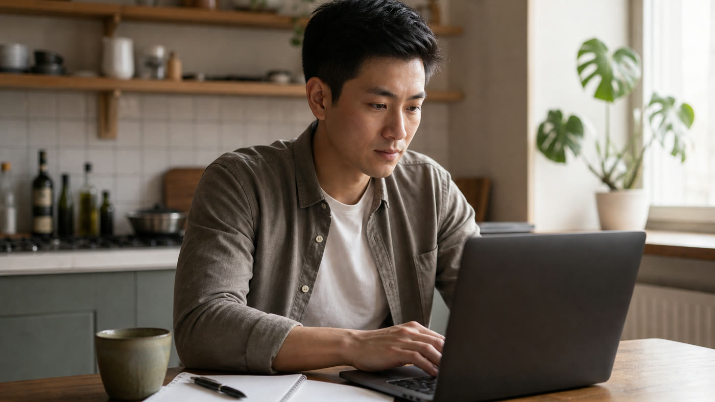 A man at a modest kitchen table reviewing a job listing on a laptop with a notebook nearby.